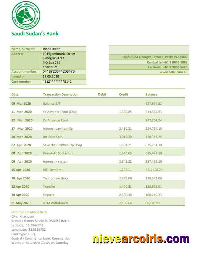 Sudan Saudi Sudanese Bank proof of address statement in Word and PDF format